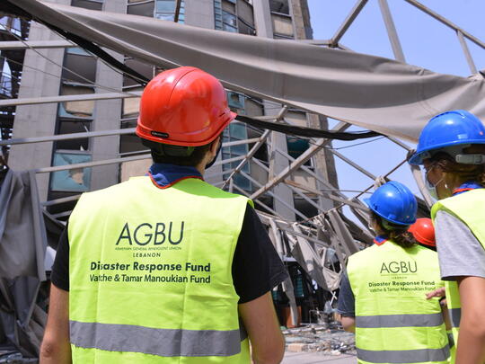 AGBU Lebanon volunteers in visibility vests survey damage caused by Beirut Blast 2020