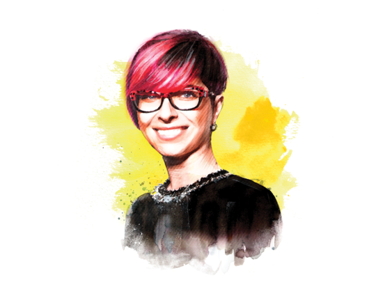 Graphic illustration with water color style, feature a woman in black dress and red hair. A splash of yellow behind her.